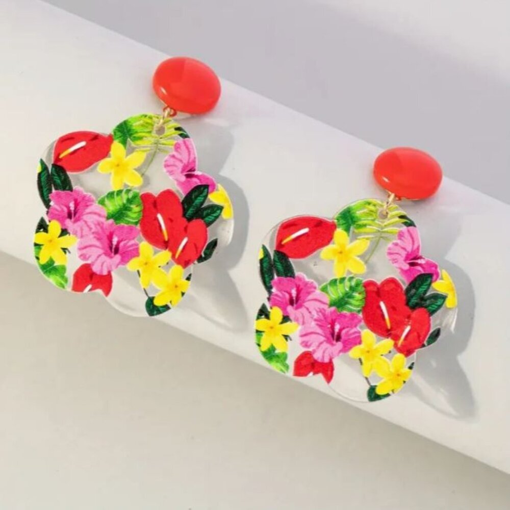 NEW Retro 40's Colorful Tropical Flower Acrylic Dangle Earrings Pierced